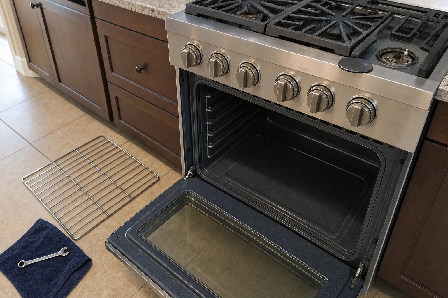 Stainless professional gas range with the oven door open, a rack on the floor and a wrench on a towel