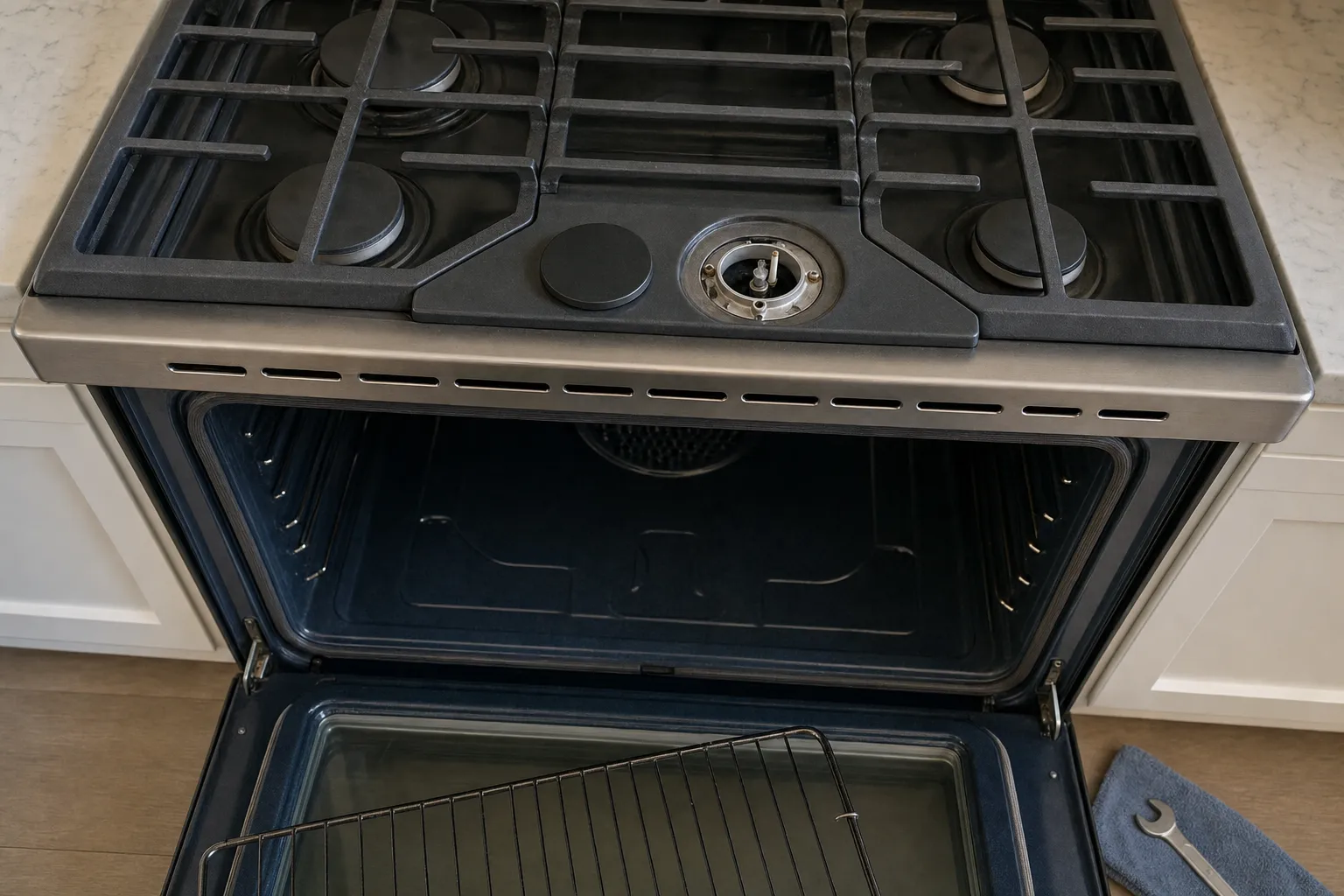 Cast-iron cooktop grates with one sealed burner uncapped and the oven door open below