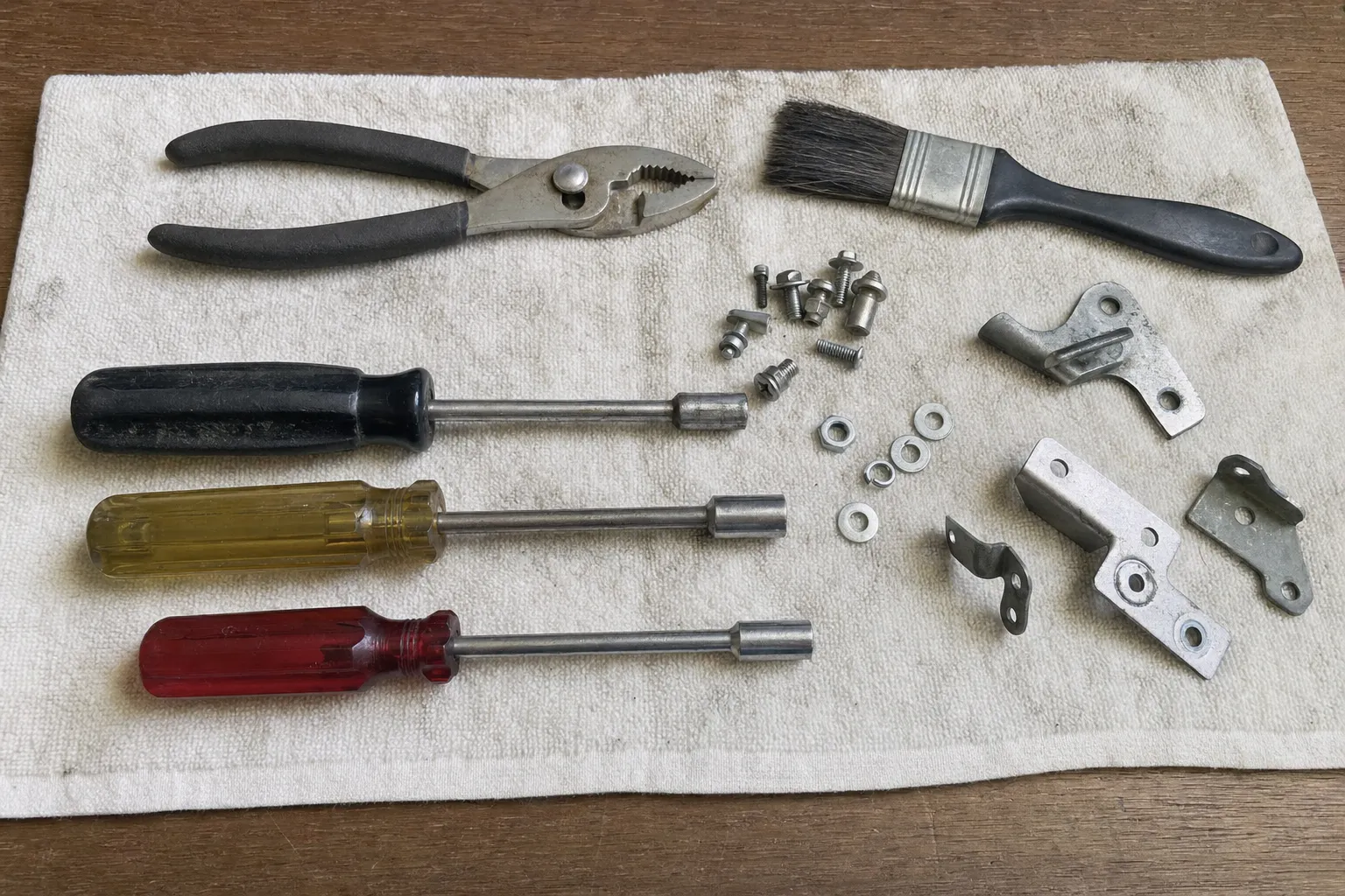 Three nut drivers and slip-joint pliers on a towel with a paintbrush, small rivets and washers and a handful of bent steel brackets