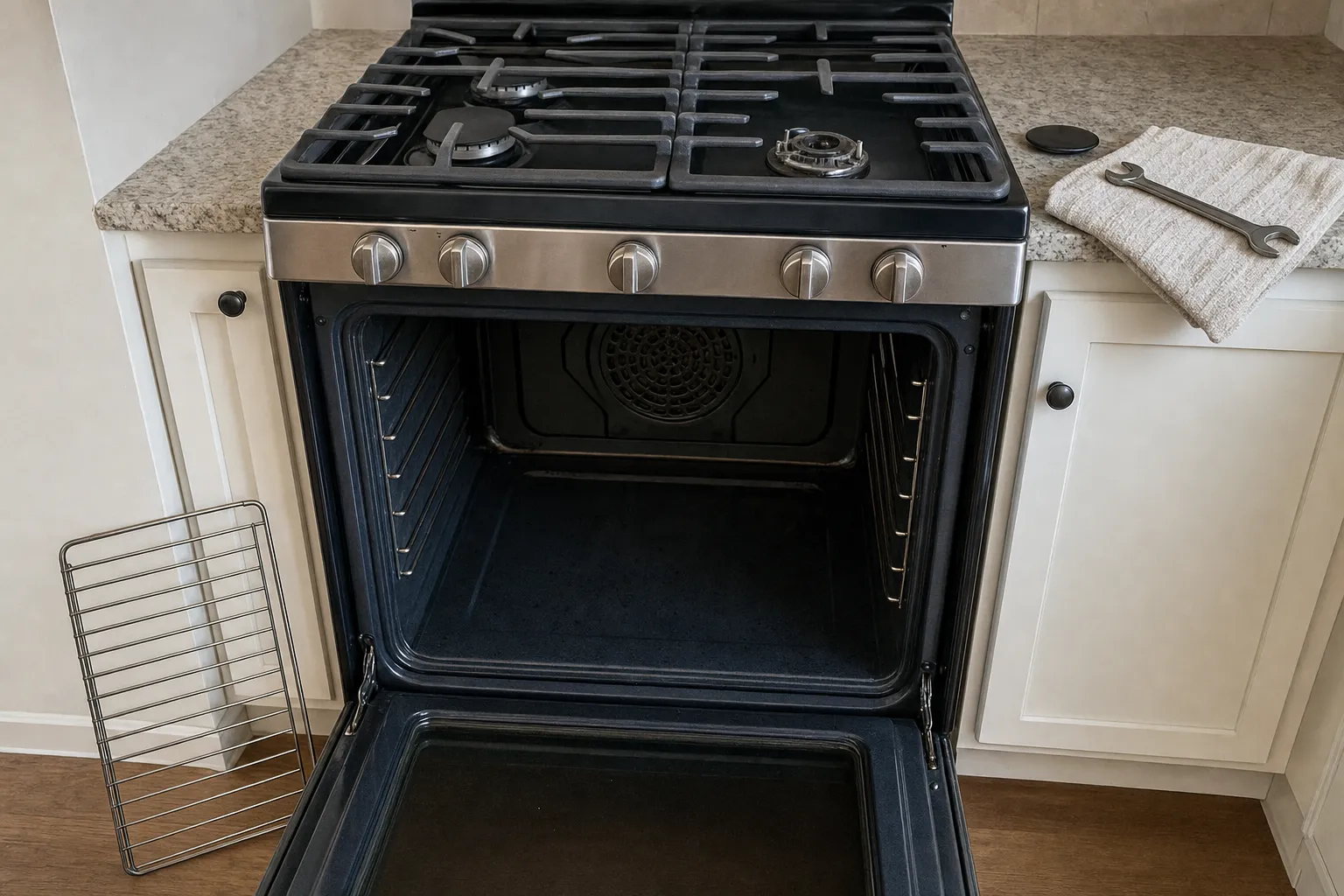 Open gas range oven showing a round fan cover on the back wall, the rack propped against a white cabinet and a burner cap on the counter